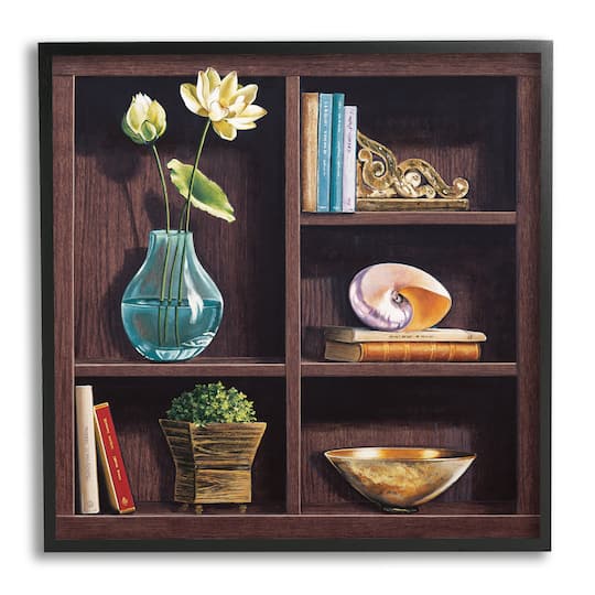 Stupell Industries Elegant Bookshelf Still-Life with Lotus Floral Vase in Frame Wall Art